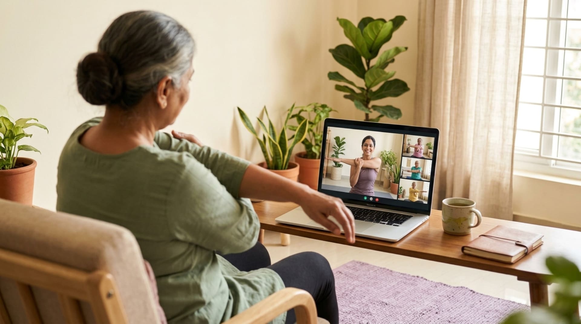 A member following a live Omfit class from home
