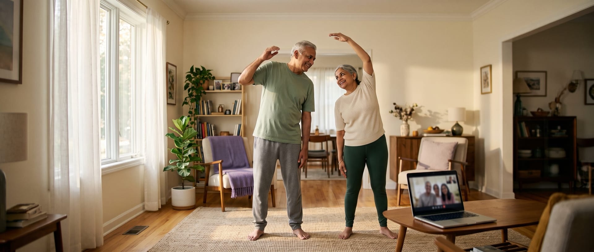 A couple stretching together at home during a live Omfit class