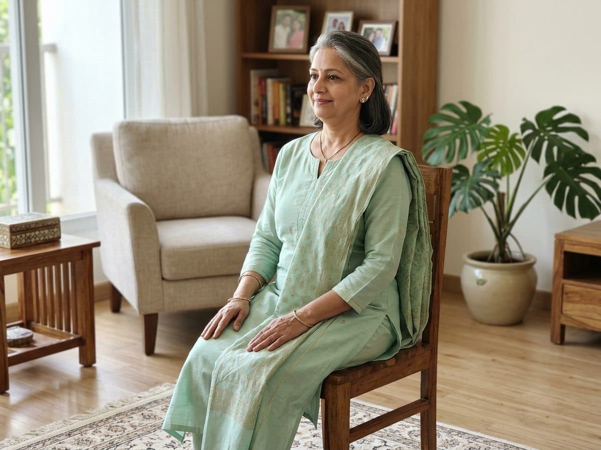 Chin tuck: an older Indian adult demonstrating the exercise at home