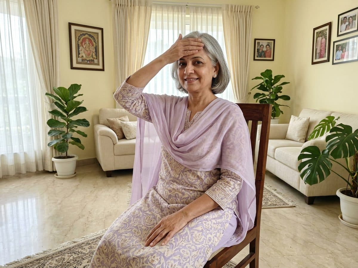 Isometric neck press: an older Indian adult demonstrating the exercise at home
