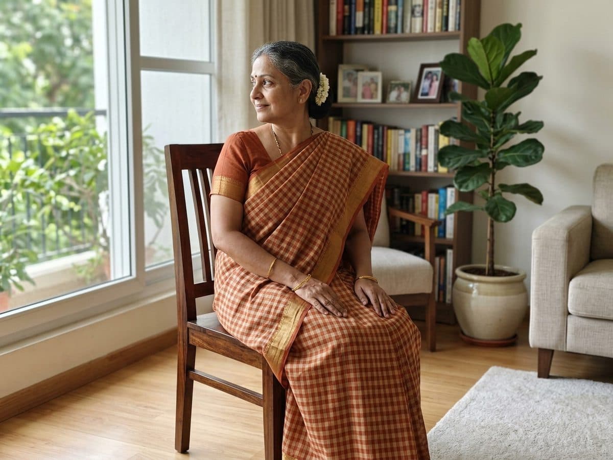 Neck rotation: an older Indian adult demonstrating the exercise at home