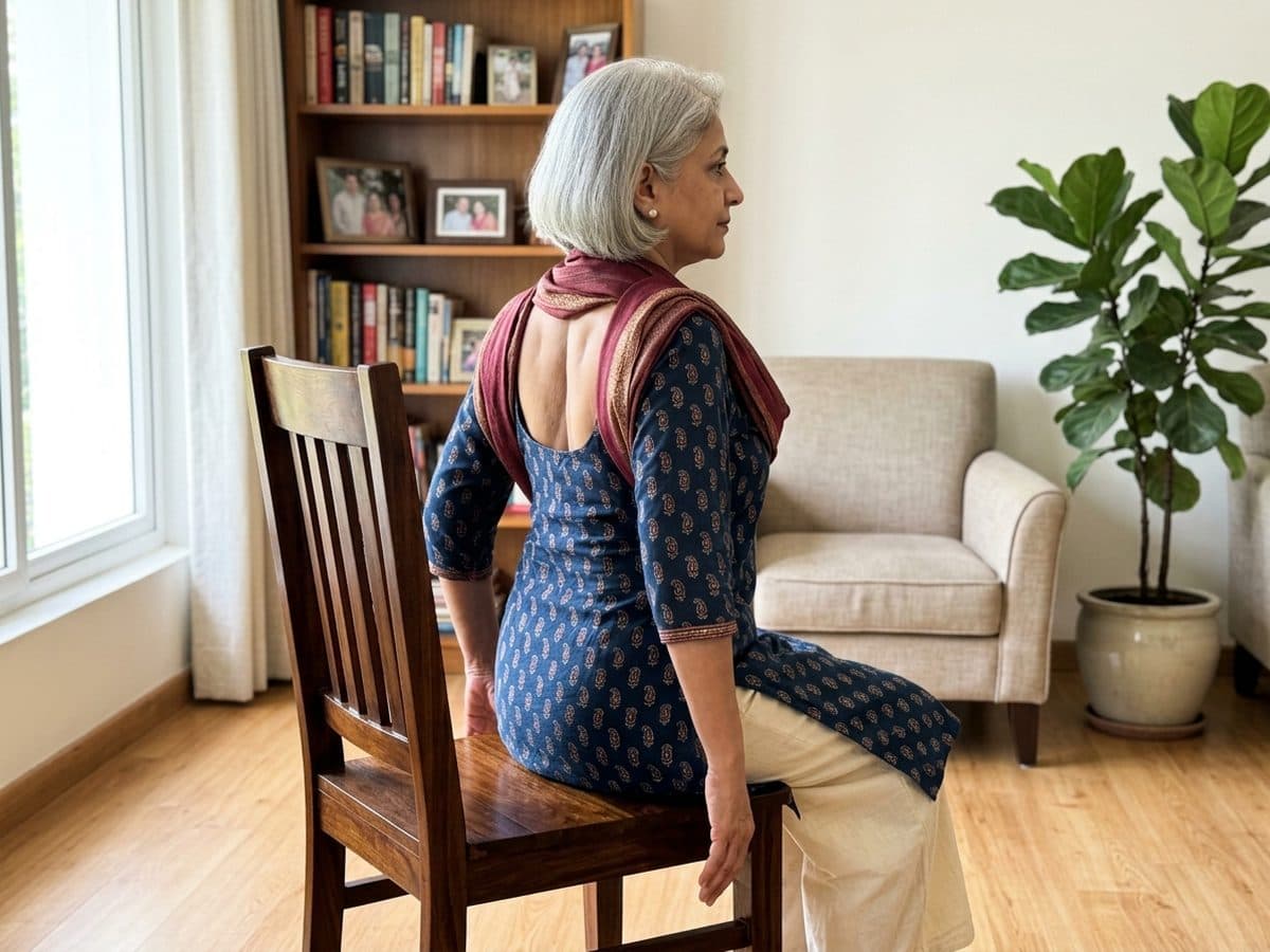 Scapular retraction: an older Indian adult demonstrating the exercise at home
