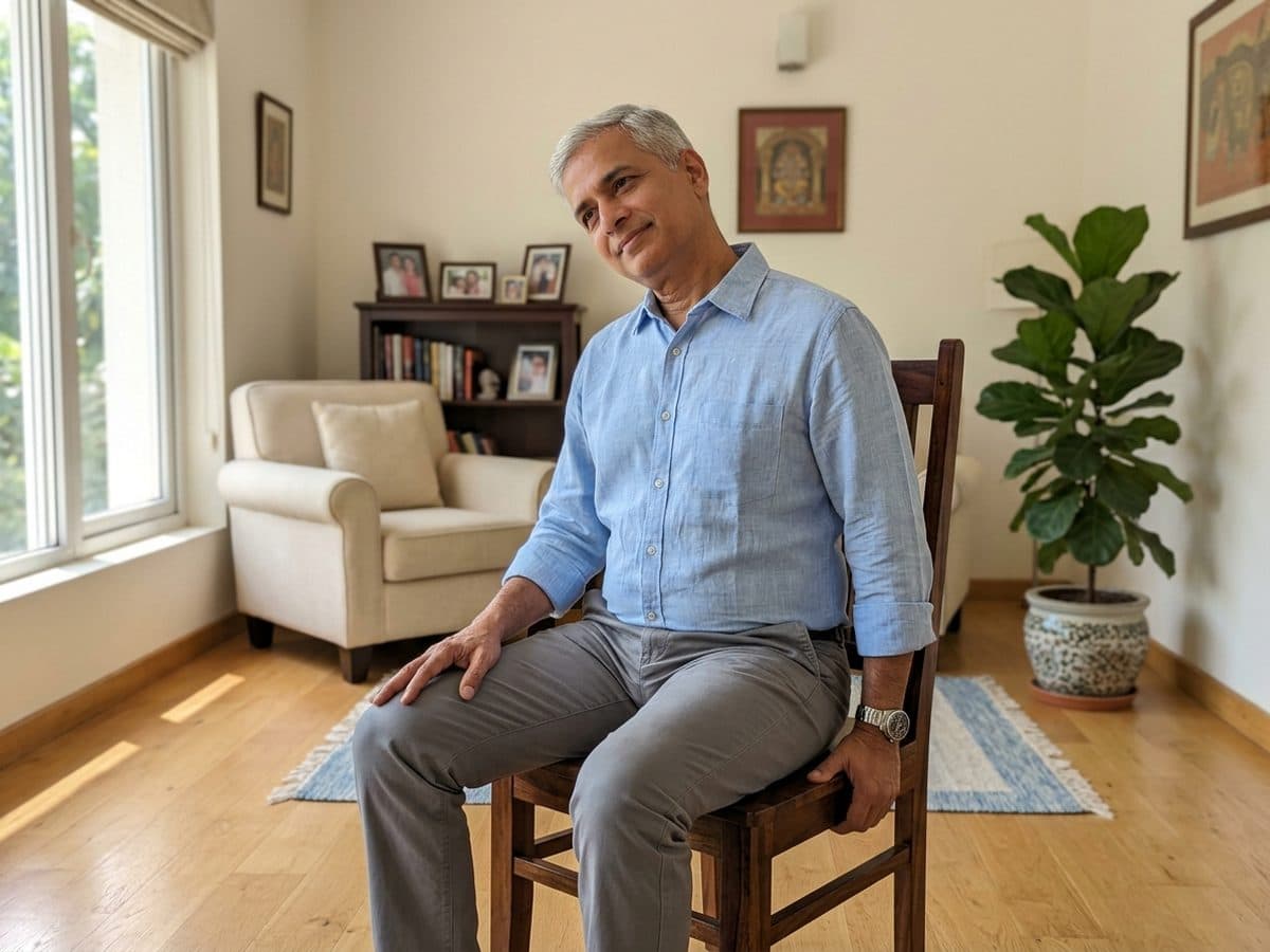 Seated neck side bend: an older Indian adult demonstrating the exercise at home