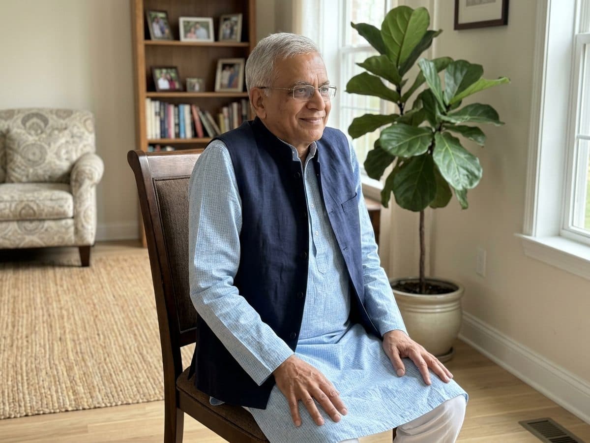 Shoulder rolls: an older Indian adult demonstrating the exercise at home