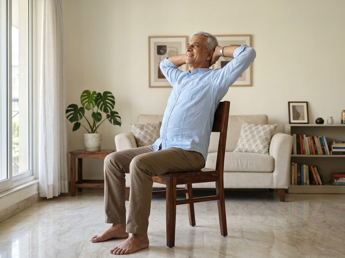 Thoracic extension over the chair back: an older Indian adult demonstrating the exercise at home