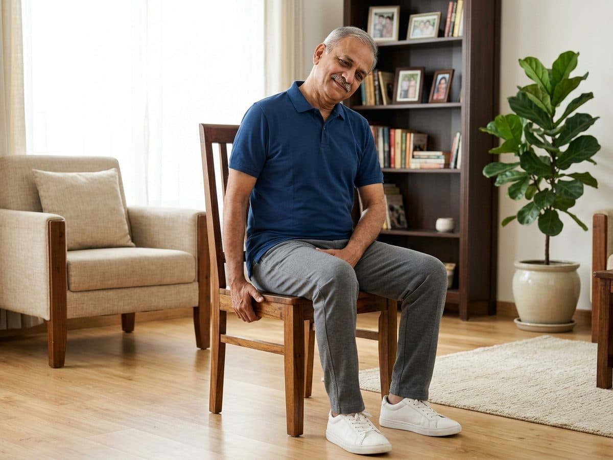 Upper trapezius stretch: an older Indian adult demonstrating the exercise at home