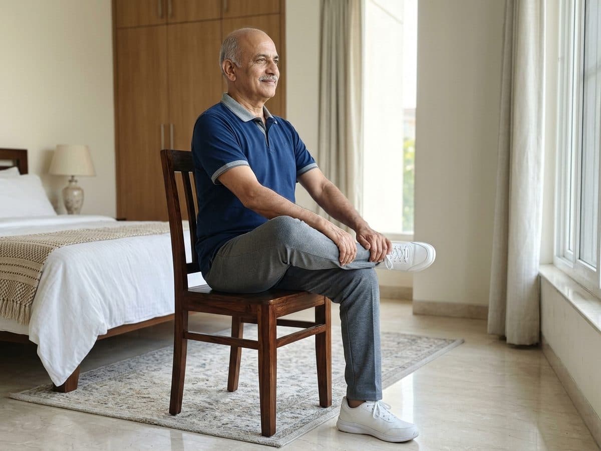 Chair pigeon: an older Indian adult demonstrating the exercise at home