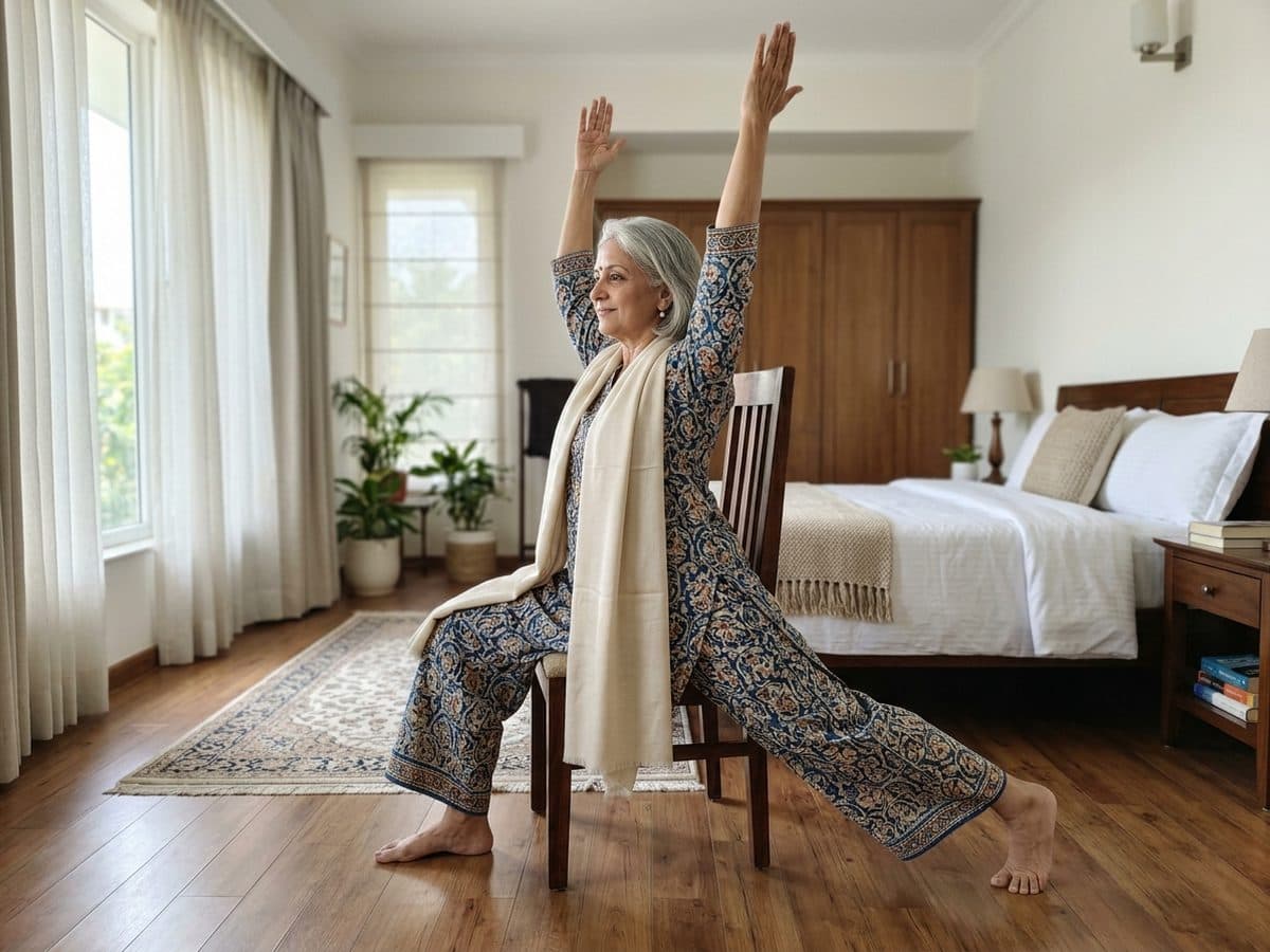 Chair warrior and sun salutation, adapted: an older Indian adult demonstrating the exercise at home