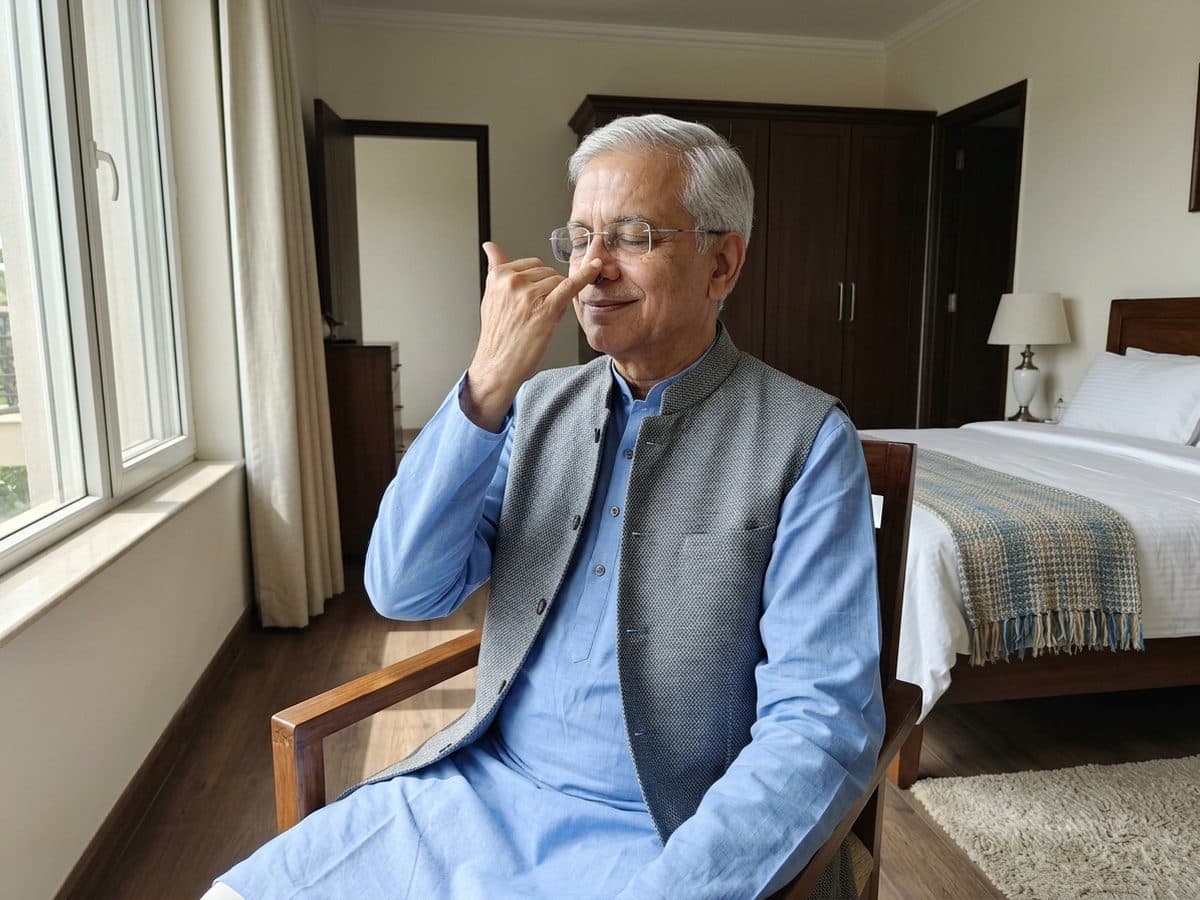 Closing breath: anulom-vilom: an older Indian adult demonstrating the exercise at home