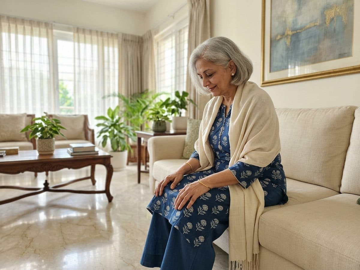 Seated cat-cow: an older Indian adult demonstrating the exercise at home