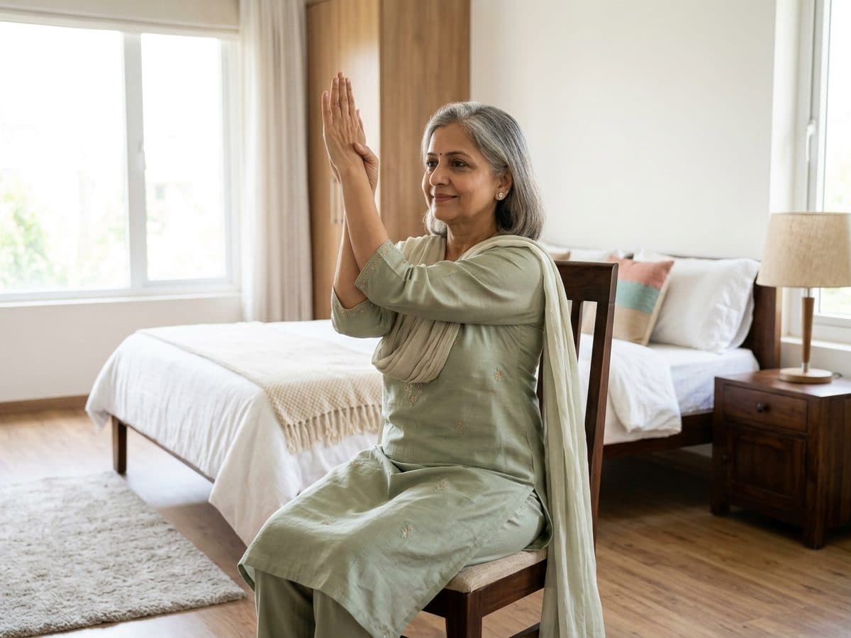 Seated eagle arms: an older Indian adult demonstrating the exercise at home