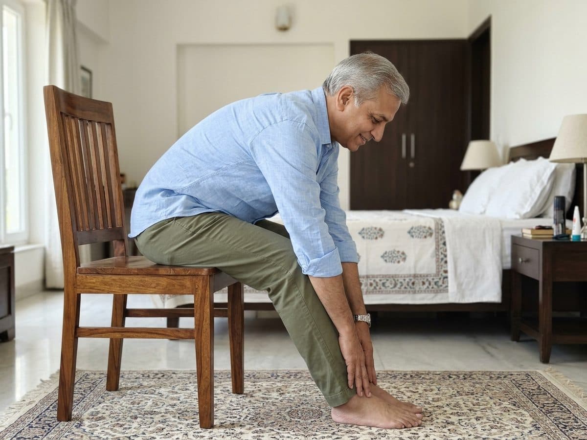 Seated forward fold: an older Indian adult demonstrating the exercise at home