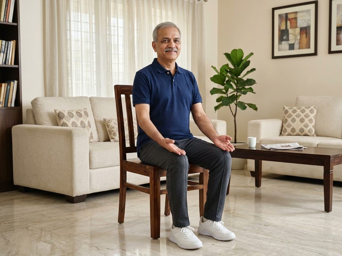 Seated mountain pose with slow breathing: an older Indian adult demonstrating the exercise at home