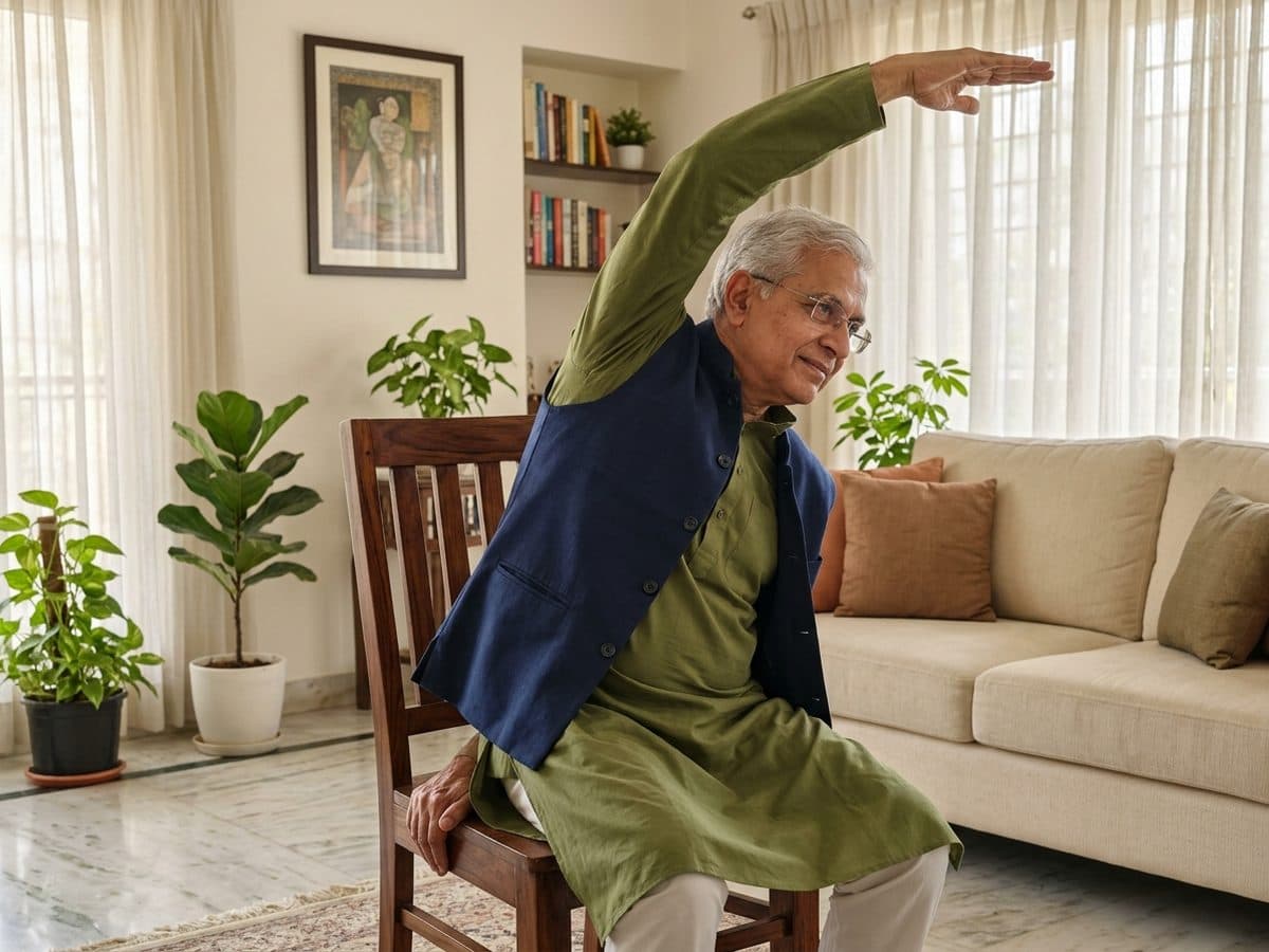 Seated side bend: an older Indian adult demonstrating the exercise at home