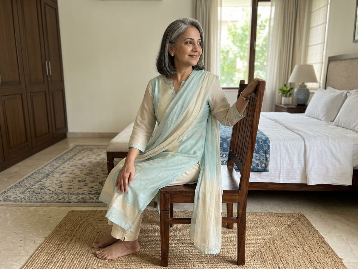 Seated spinal twist: an older Indian adult demonstrating the exercise at home