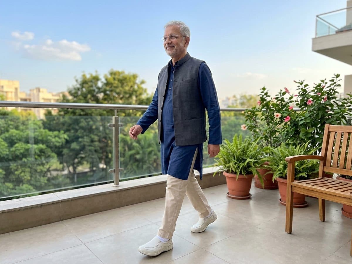 Brisk walking: an older Indian adult demonstrating the exercise at home