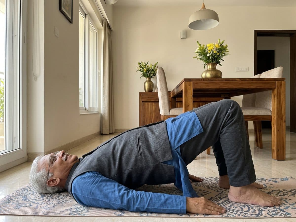 Glute bridge: an older Indian adult demonstrating the exercise at home