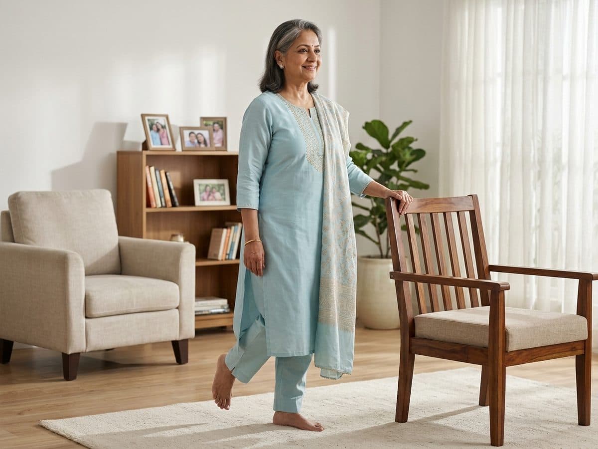 Heel-to-toe standing and single-leg stand: an older Indian adult demonstrating the exercise at home