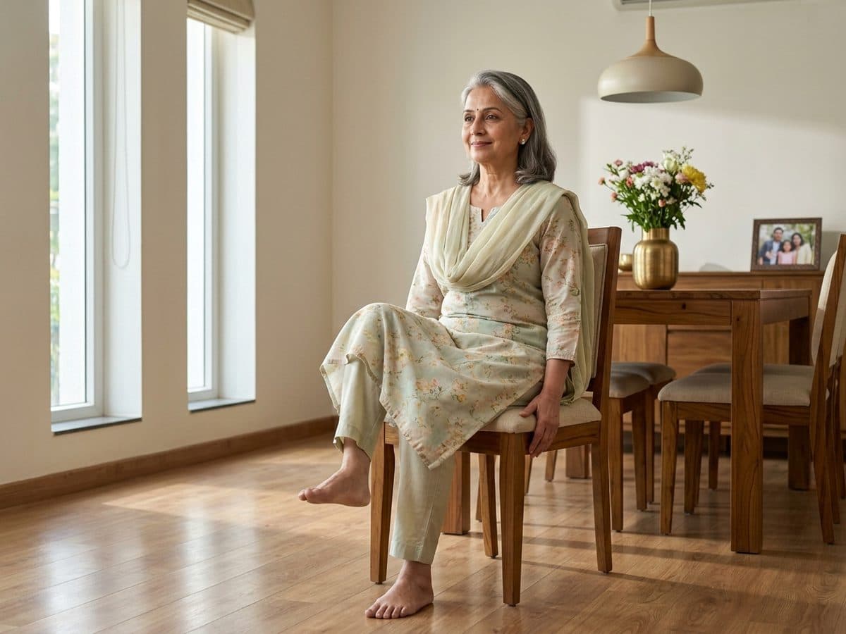 Seated march: an older Indian adult demonstrating the exercise at home