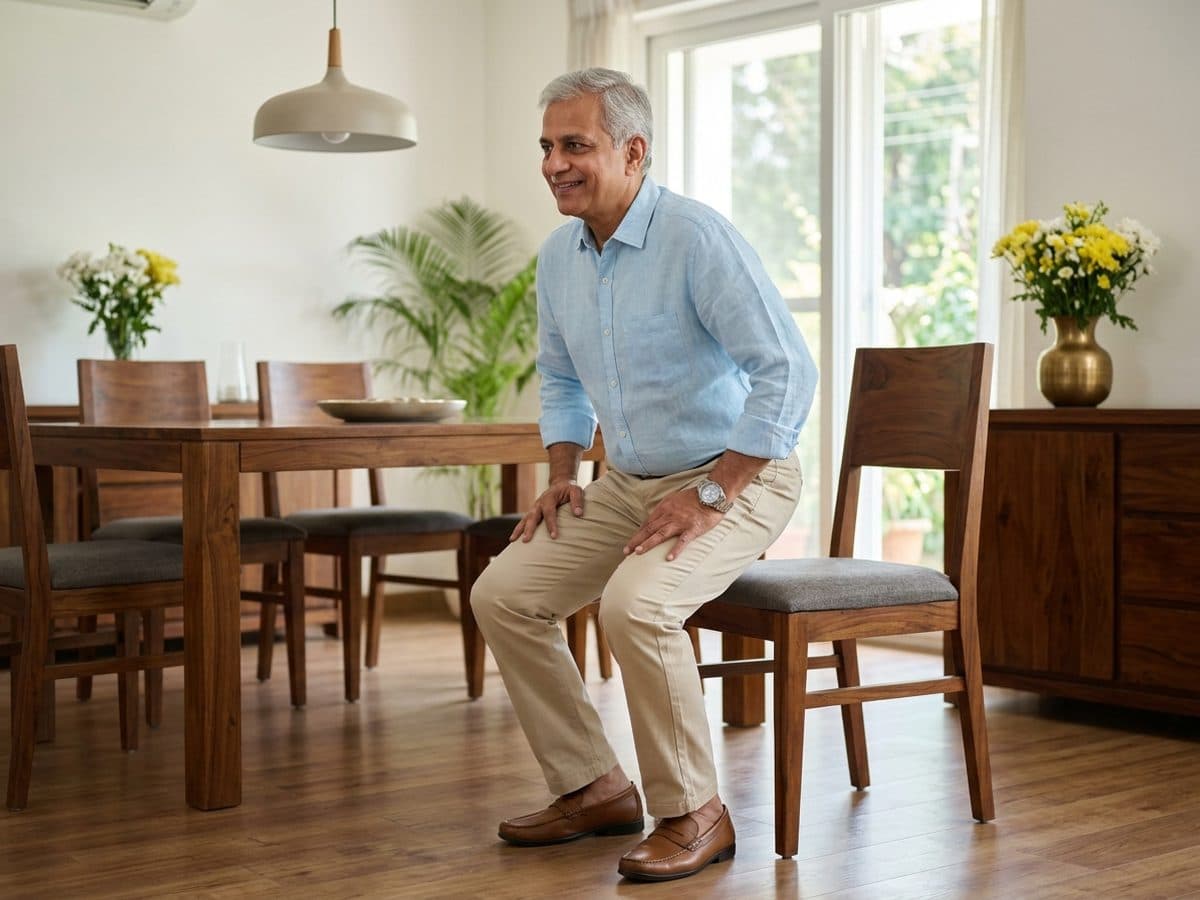 Sit-to-stand: an older Indian adult demonstrating the exercise at home