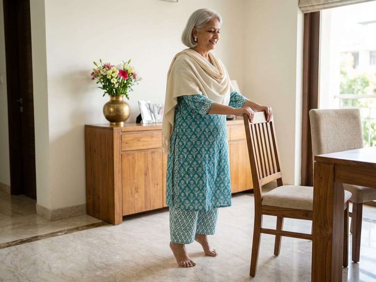 Standing calf raise: an older Indian adult demonstrating the exercise at home