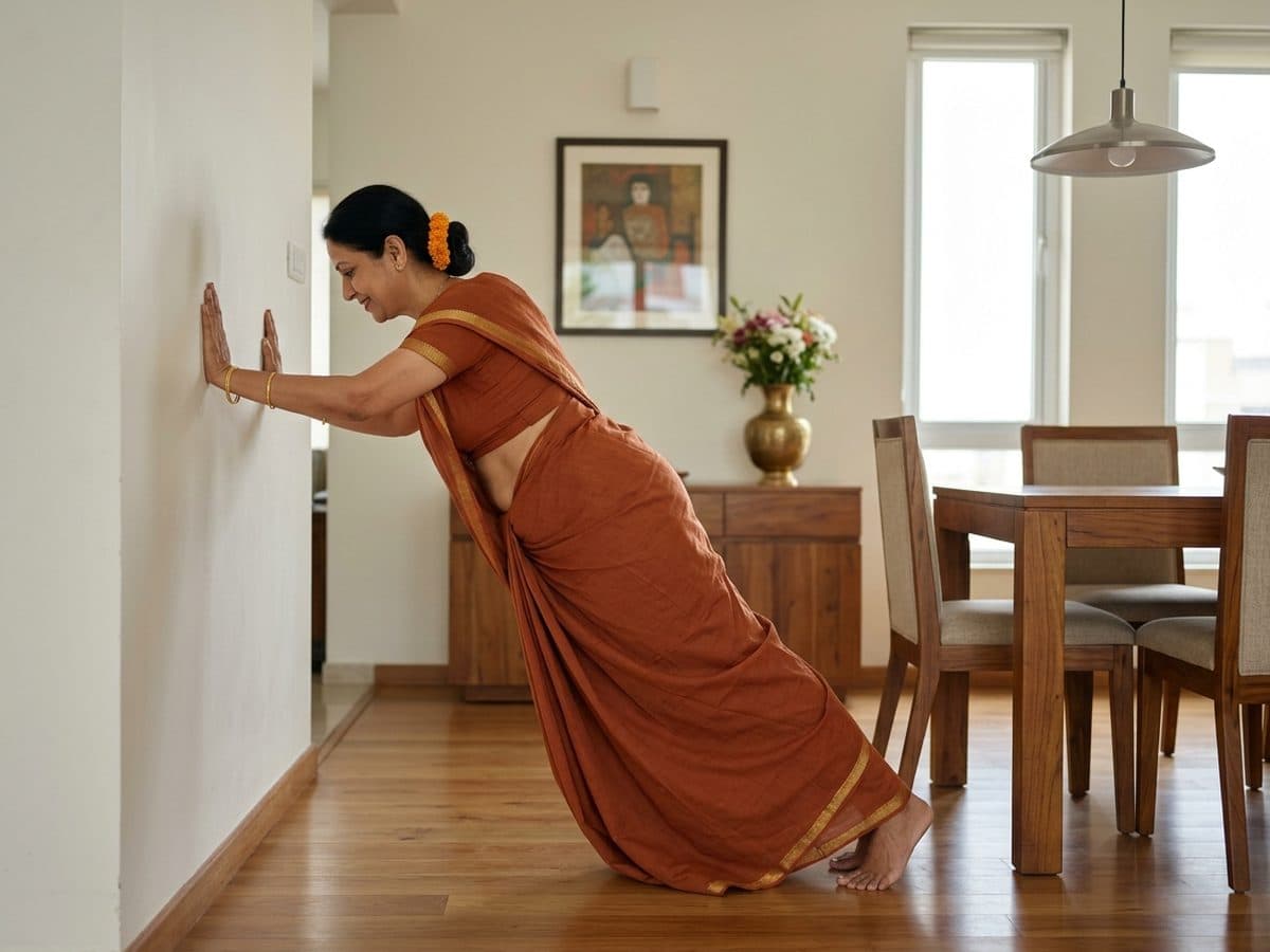Wall push-ups: an older Indian adult demonstrating the exercise at home