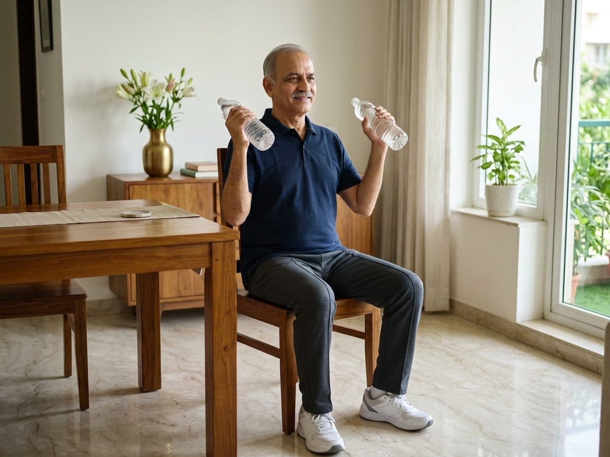 Water-bottle bicep curl and overhead press: an older Indian adult demonstrating the exercise at home