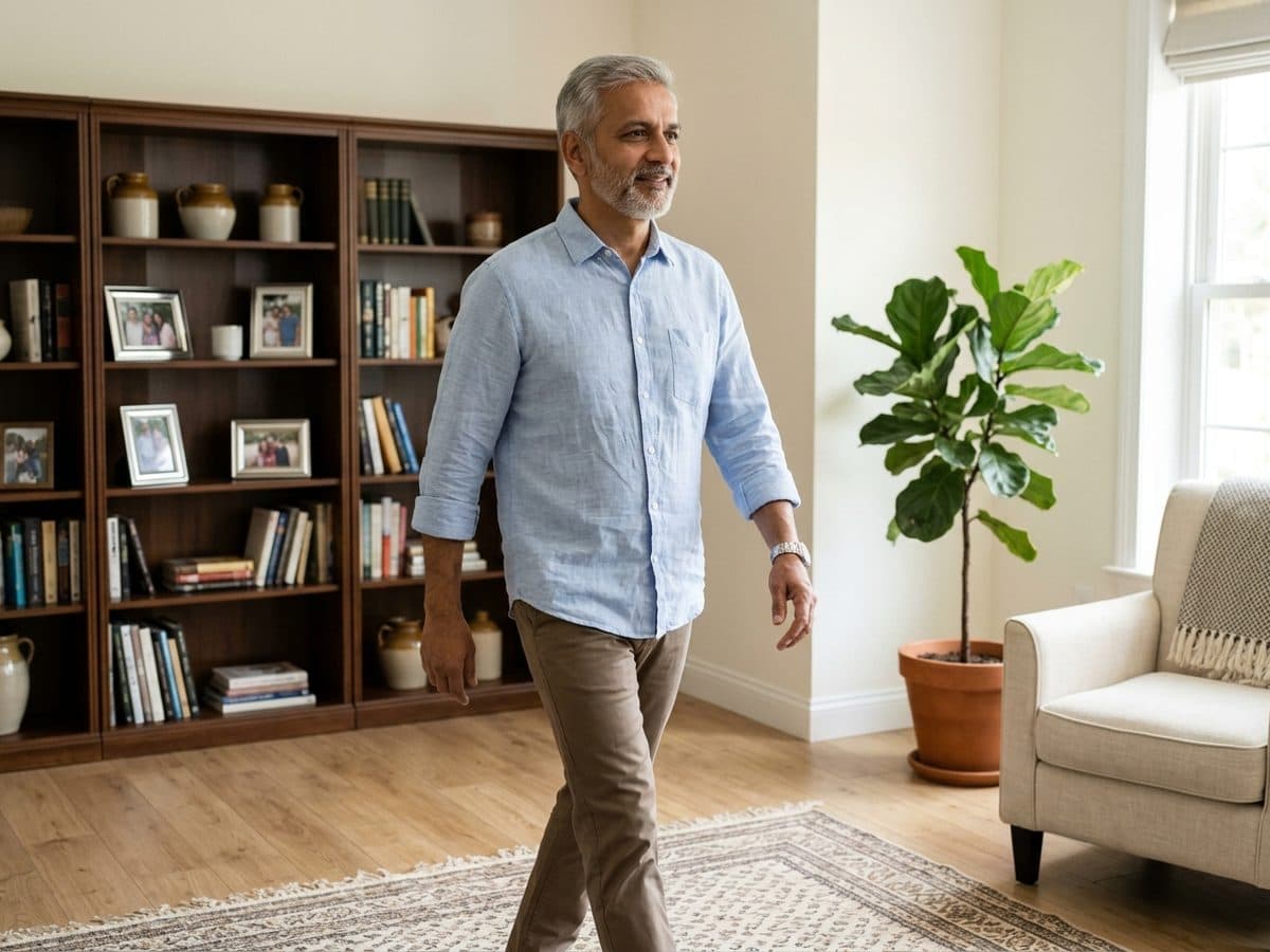 Brisk walking: an older Indian adult demonstrating the exercise at home