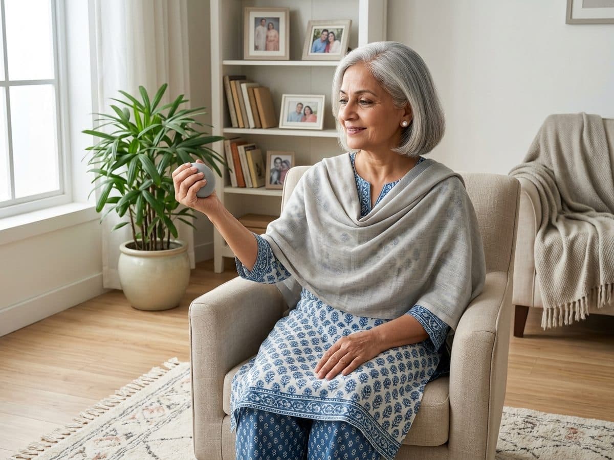 Handgrip squeeze: an older Indian adult demonstrating the exercise at home