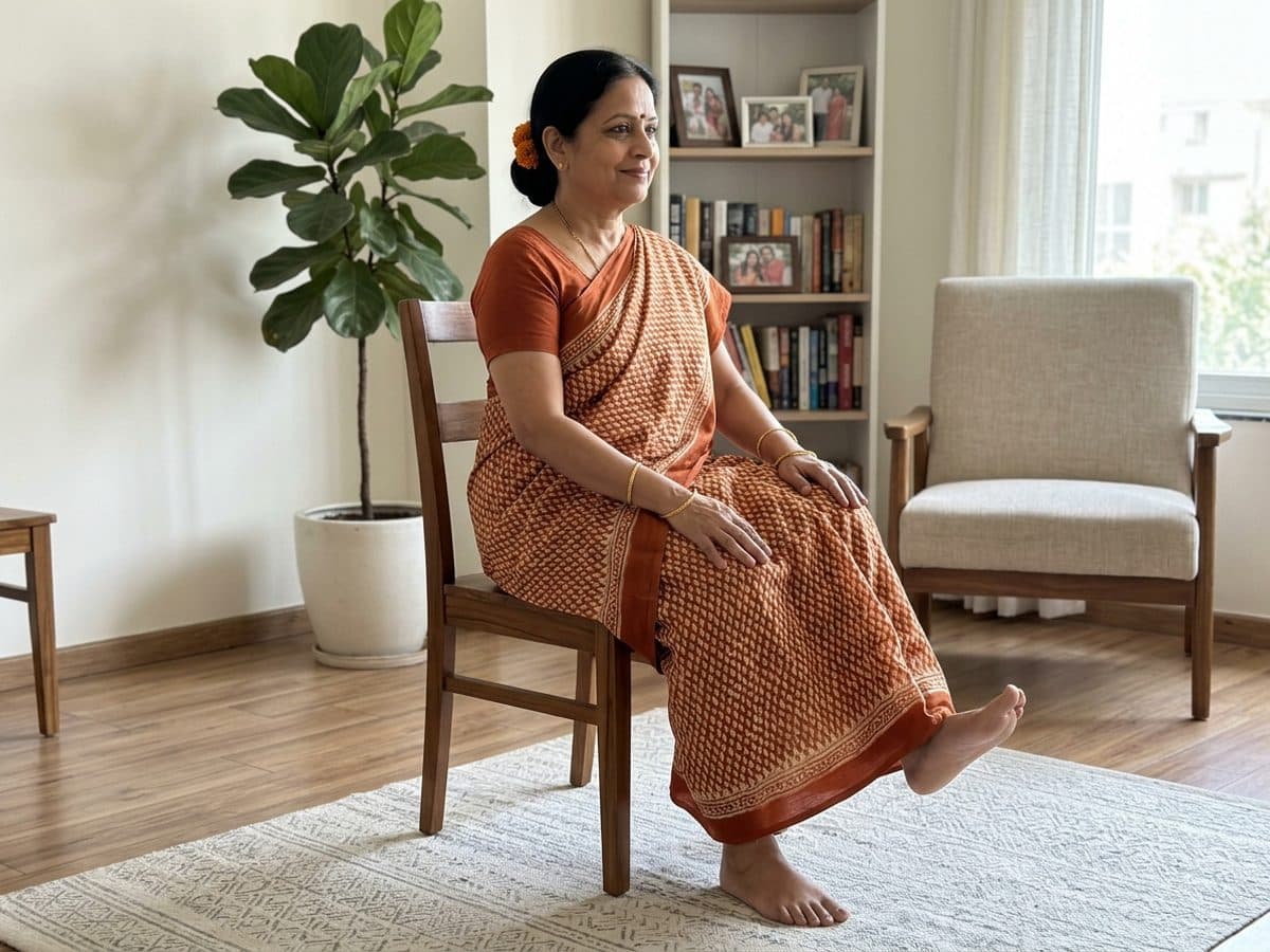 Seated march: an older Indian adult demonstrating the exercise at home