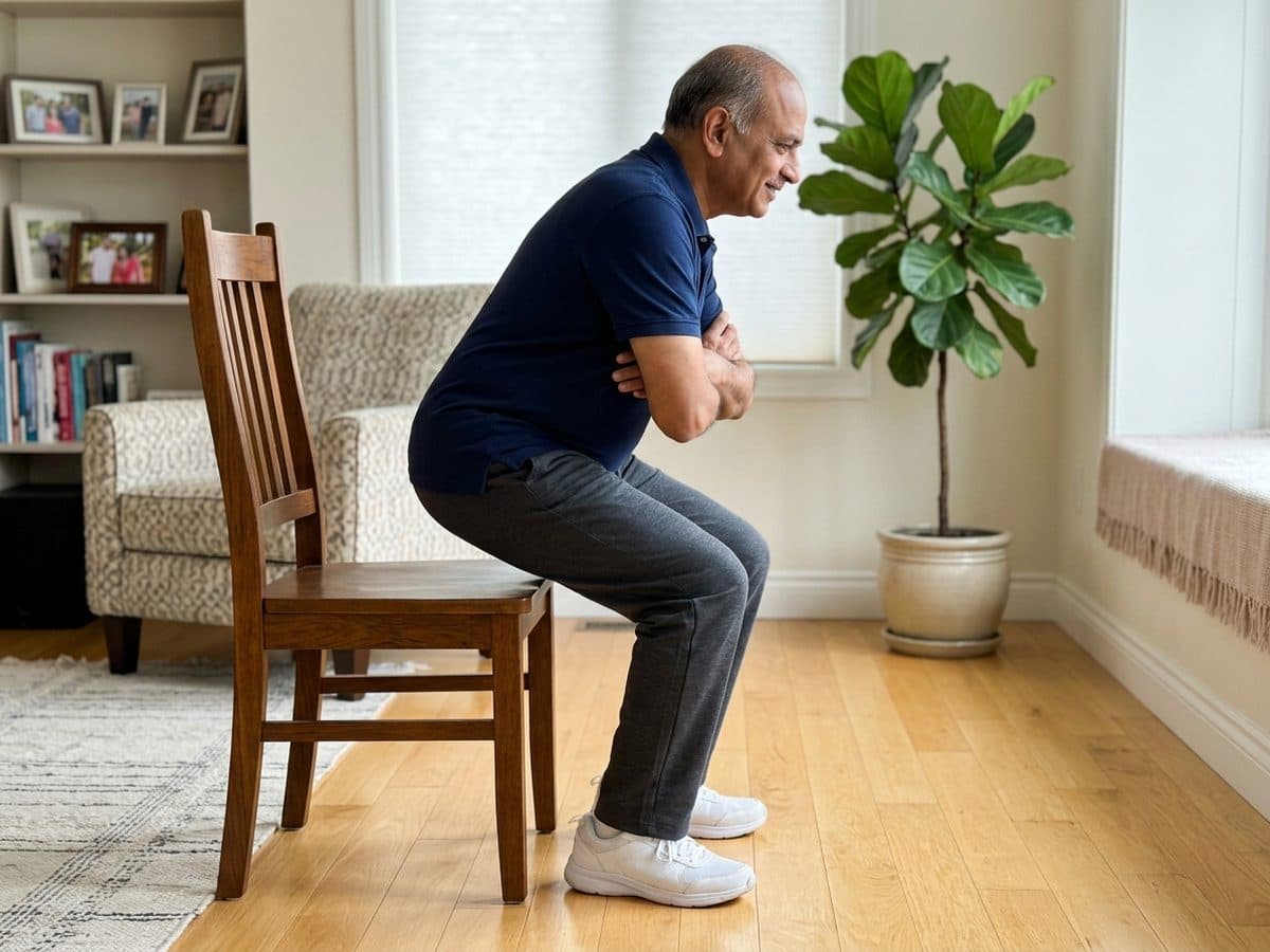 Sit-to-stand: an older Indian adult demonstrating the exercise at home