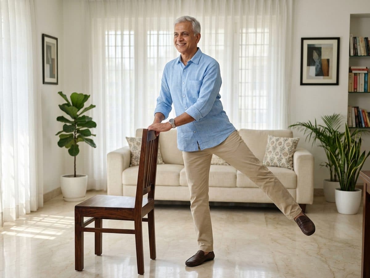 Standing hip abduction: an older Indian adult demonstrating the exercise at home