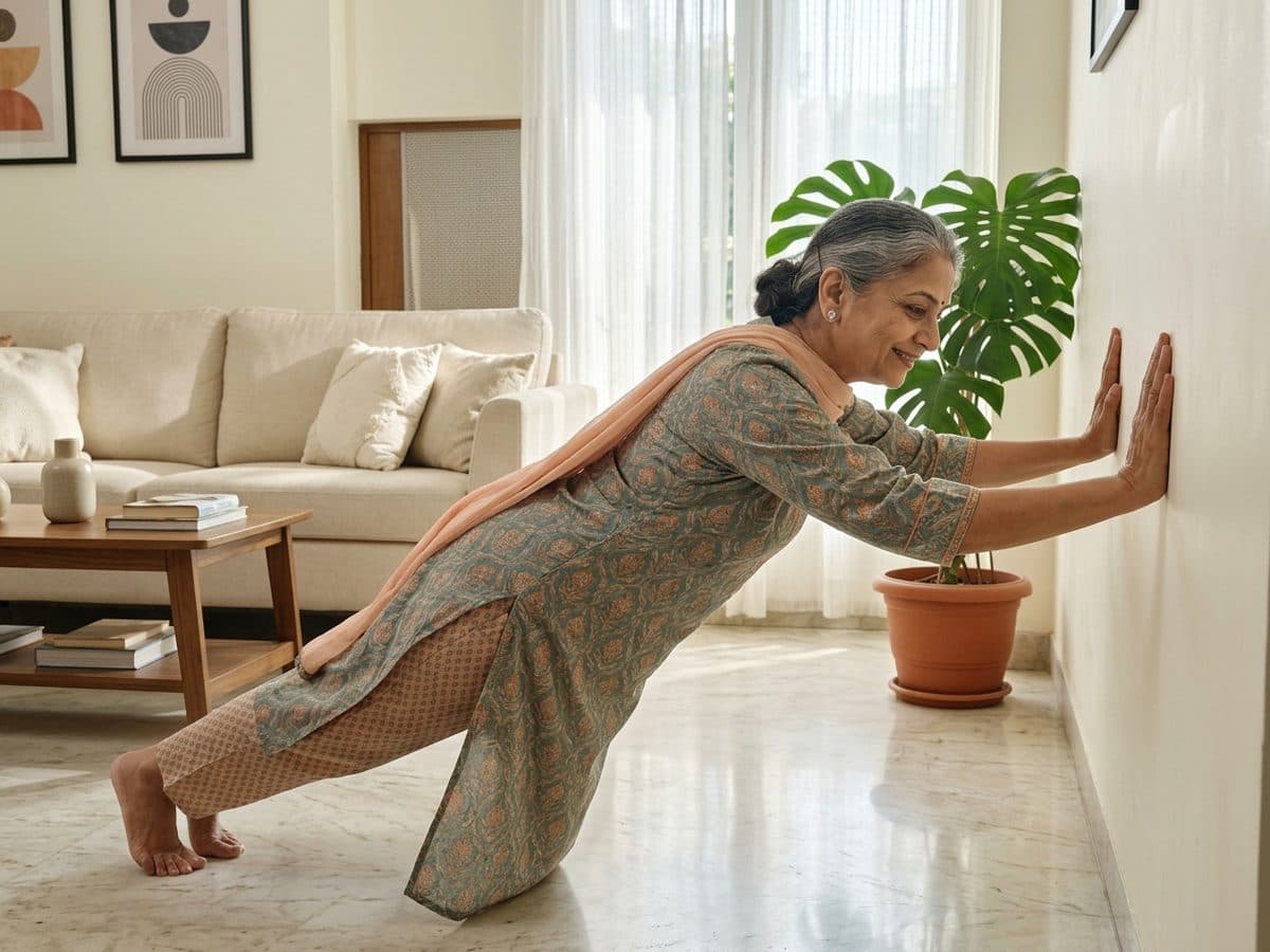 Wall push-ups: an older Indian adult demonstrating the exercise at home