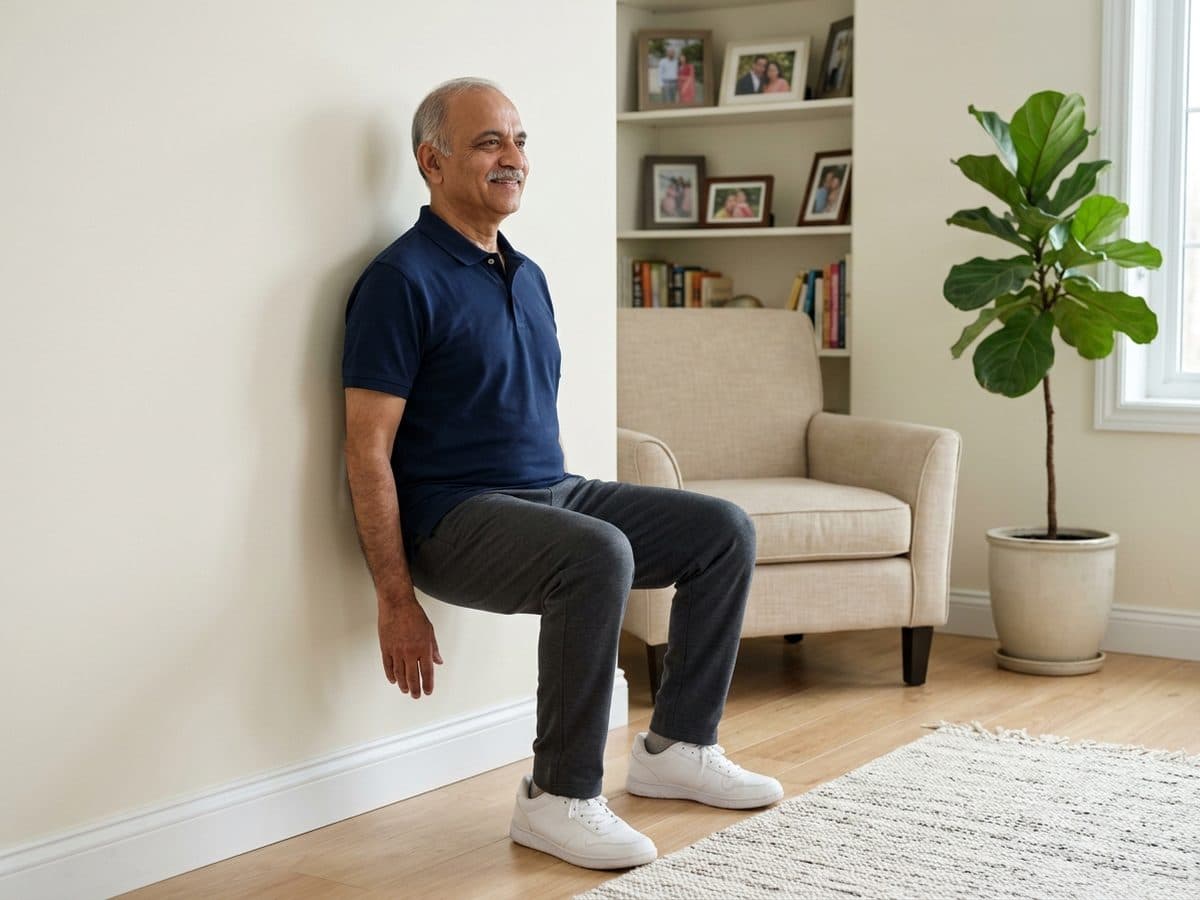 Wall sit (short holds): an older Indian adult demonstrating the exercise at home