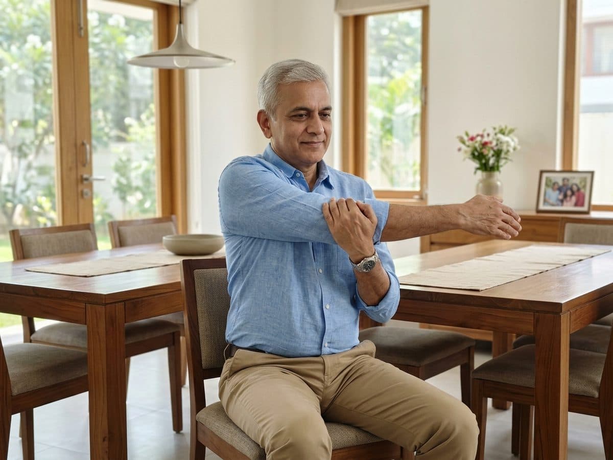 Cross-body stretch: an older Indian adult demonstrating the exercise at home