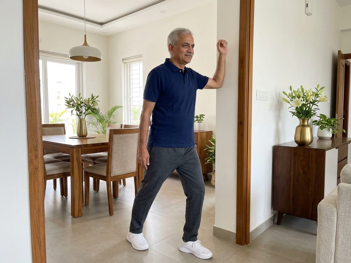 Doorway chest stretch: an older Indian adult demonstrating the exercise at home