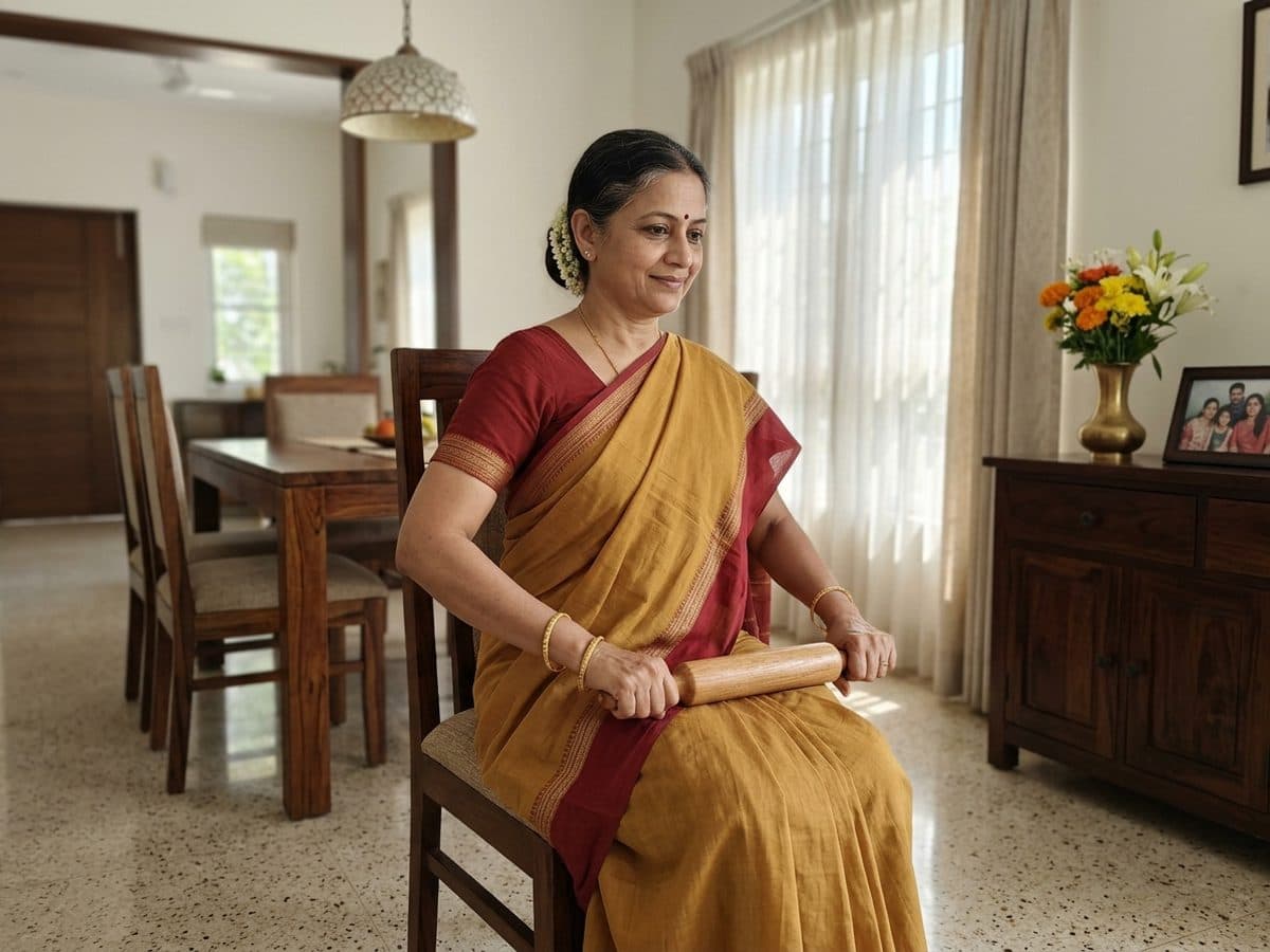External rotation with a stick: an older Indian adult demonstrating the exercise at home