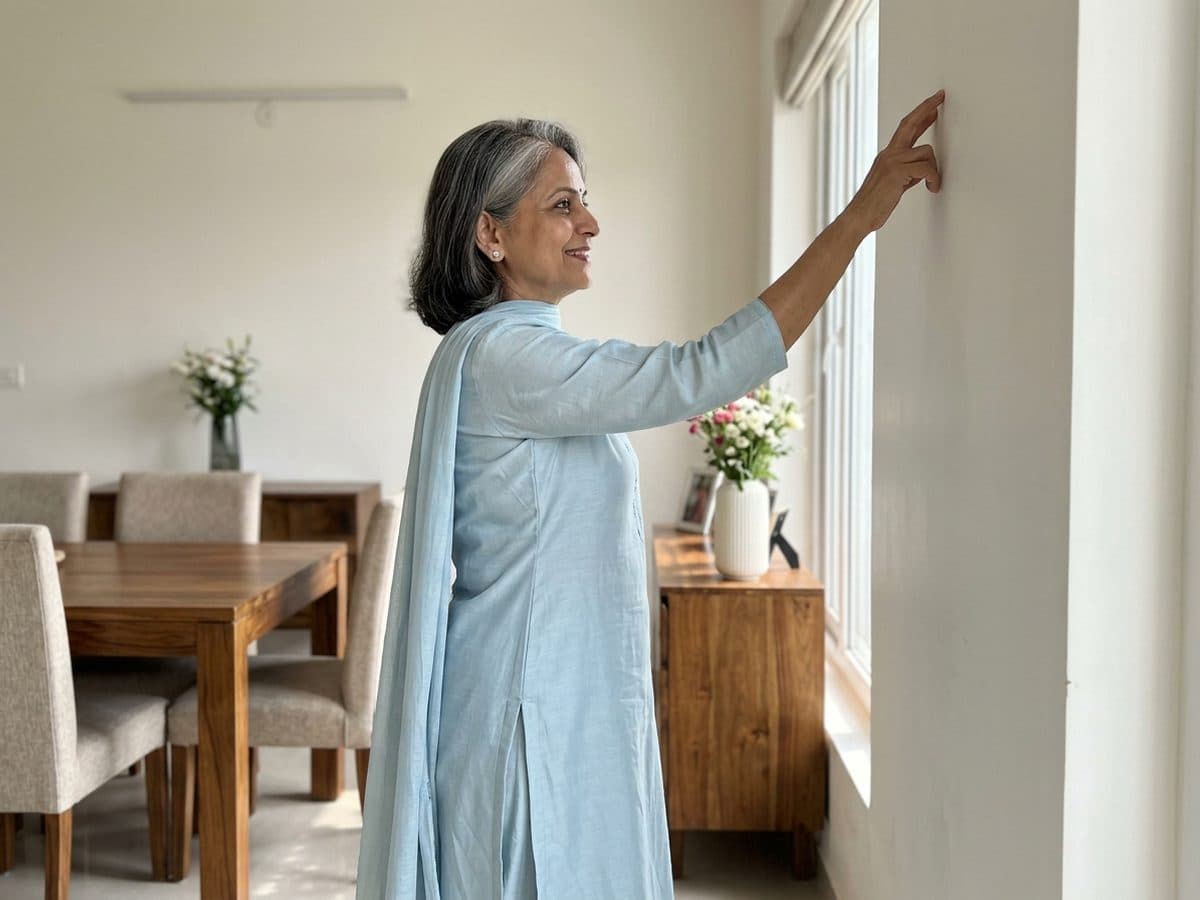 Finger walk up the wall: an older Indian adult demonstrating the exercise at home