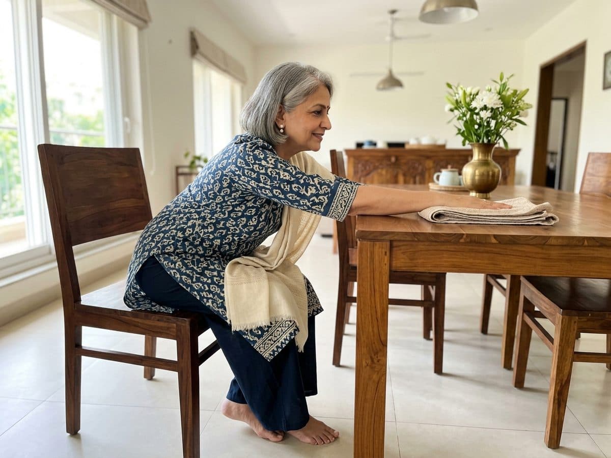 Table slide: an older Indian adult demonstrating the exercise at home