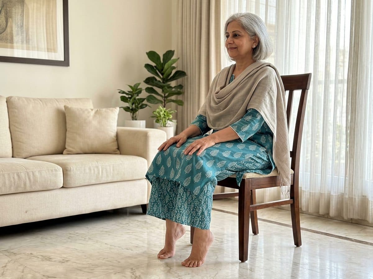 Seated calf raise (the soleus push-up): an older Indian adult demonstrating the exercise at home