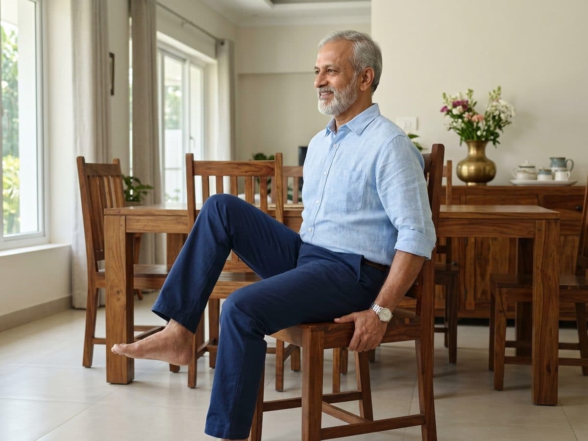 Seated march: an older Indian adult demonstrating the exercise at home