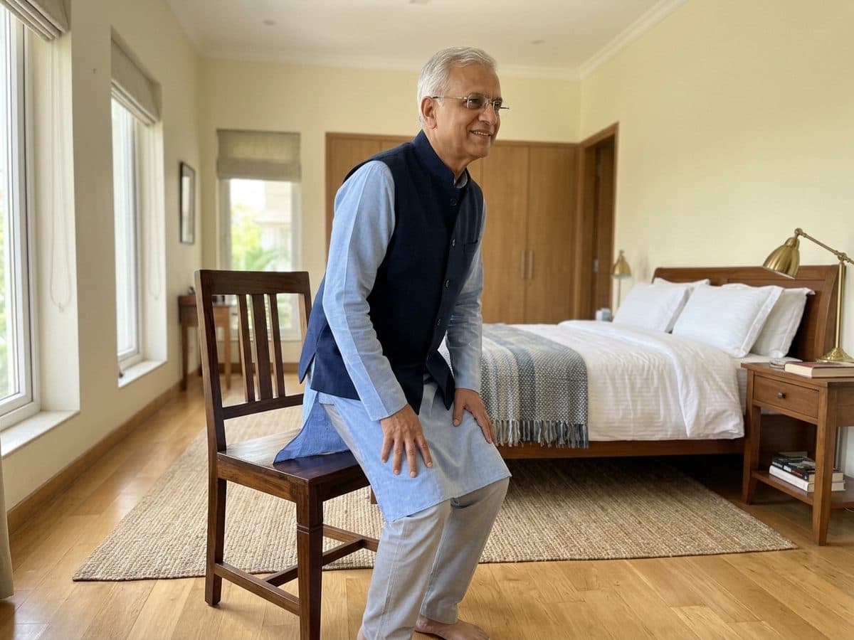 Sit-to-stand: an older Indian adult demonstrating the exercise at home