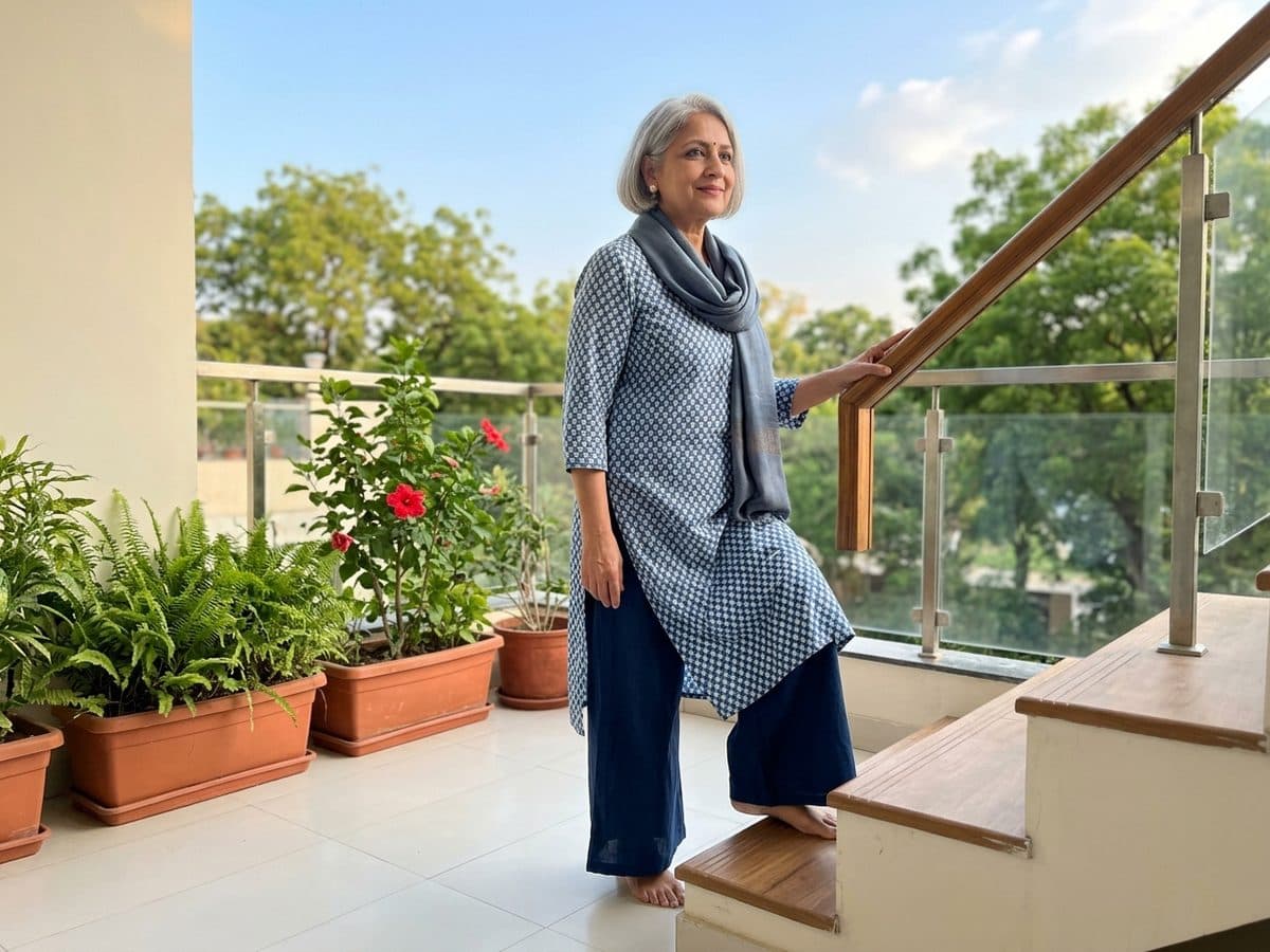Step-ups: an older Indian adult demonstrating the exercise at home