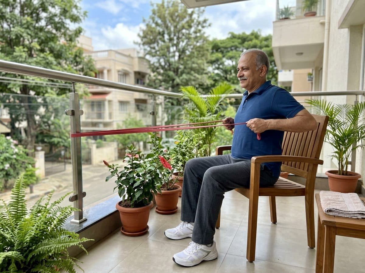 Towel row or band row: an older Indian adult demonstrating the exercise at home