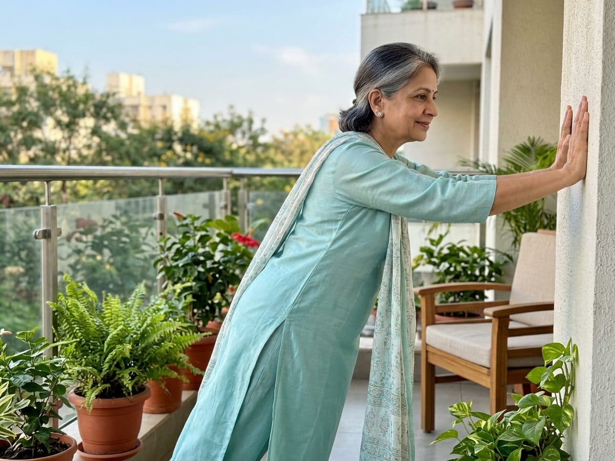 Wall push-ups: an older Indian adult demonstrating the exercise at home