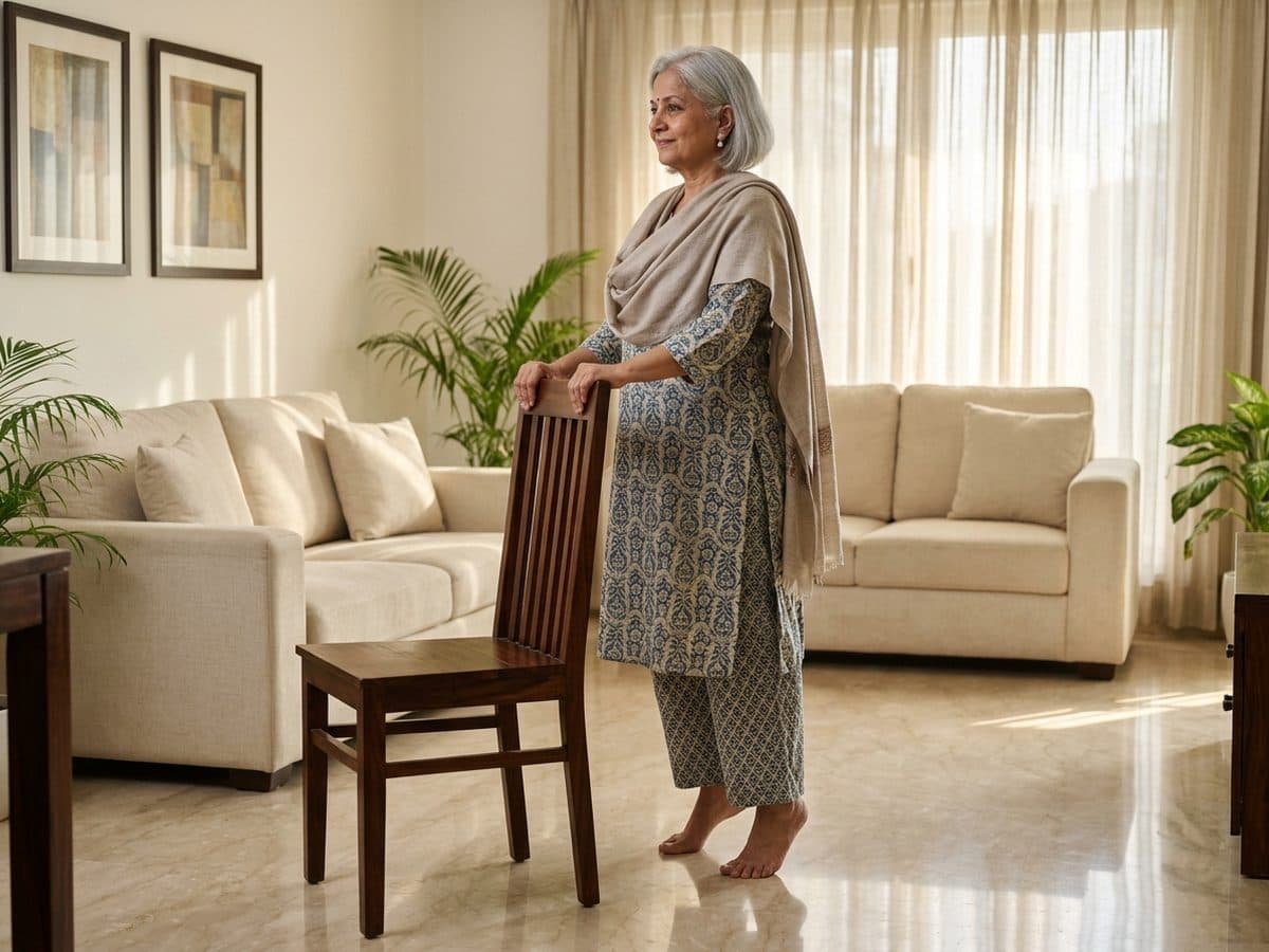 Calf raises at the chair: an older Indian adult demonstrating the exercise at home