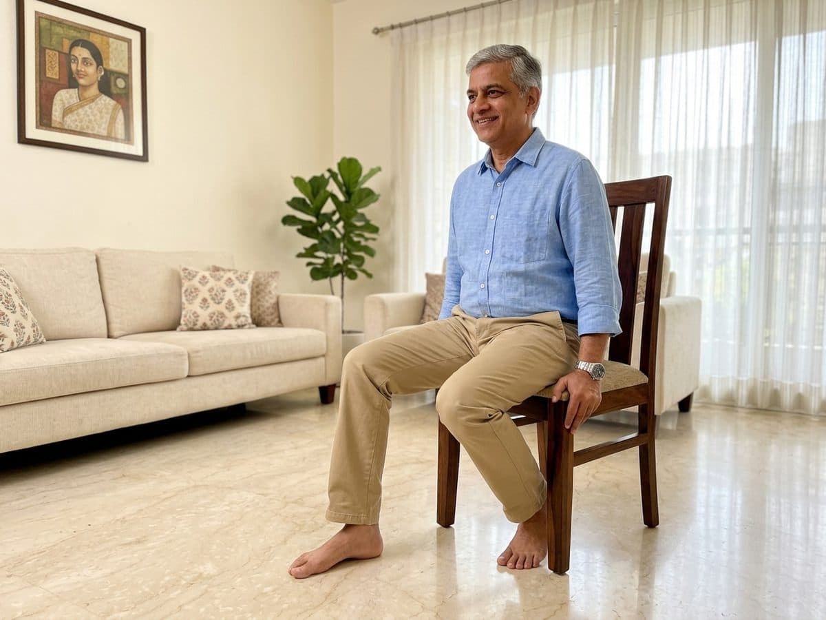 Heel slides: an older Indian adult demonstrating the exercise at home
