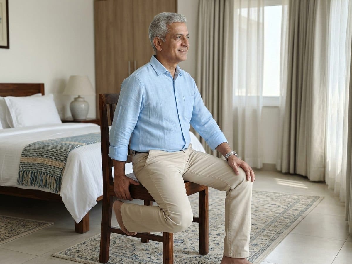 Quadriceps stretch, seated: an older Indian adult demonstrating the exercise at home