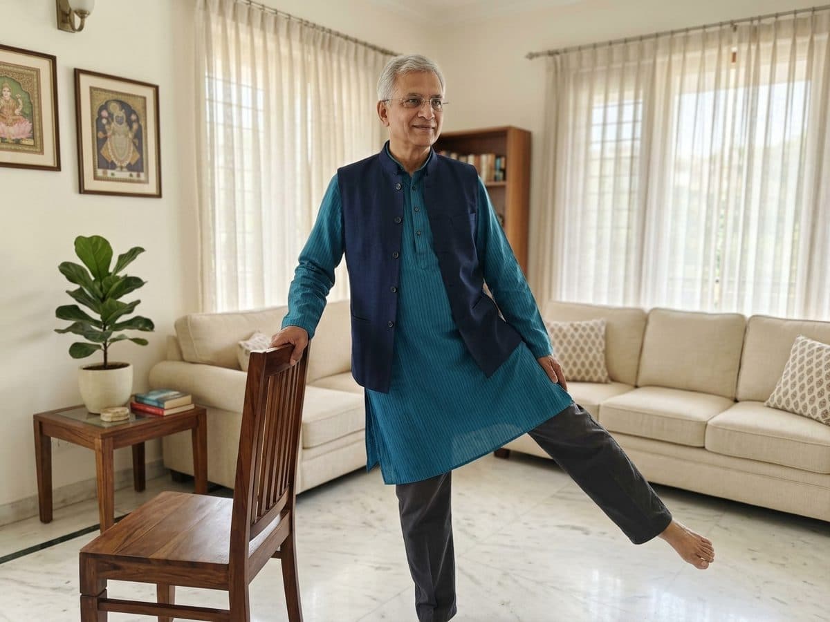 Side-lying or standing hip abduction: an older Indian adult demonstrating the exercise at home
