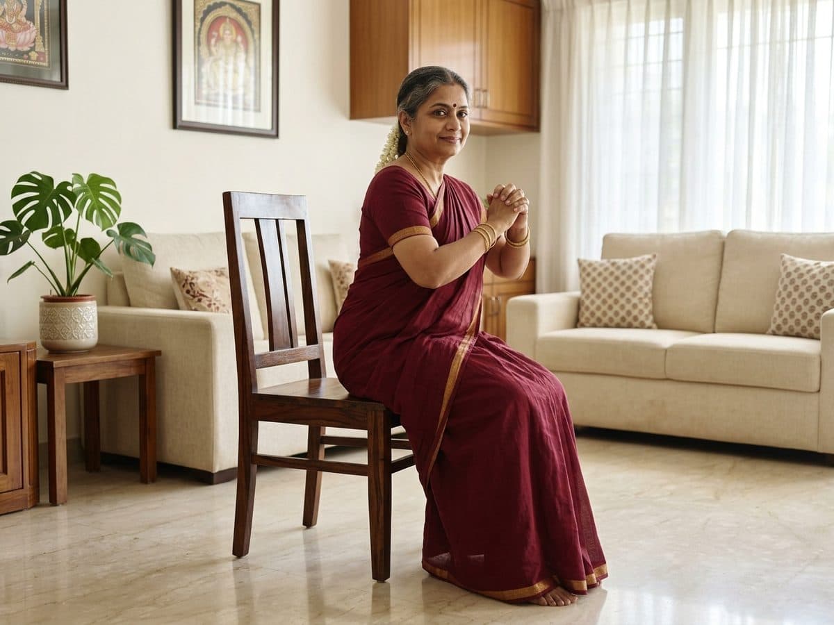 Sit-to-stand: an older Indian adult demonstrating the exercise at home